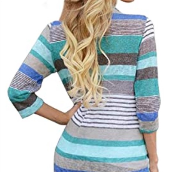 NWT Myobe 3/4 sleeve printed blue stripe cardigan - Picture 4 of 16